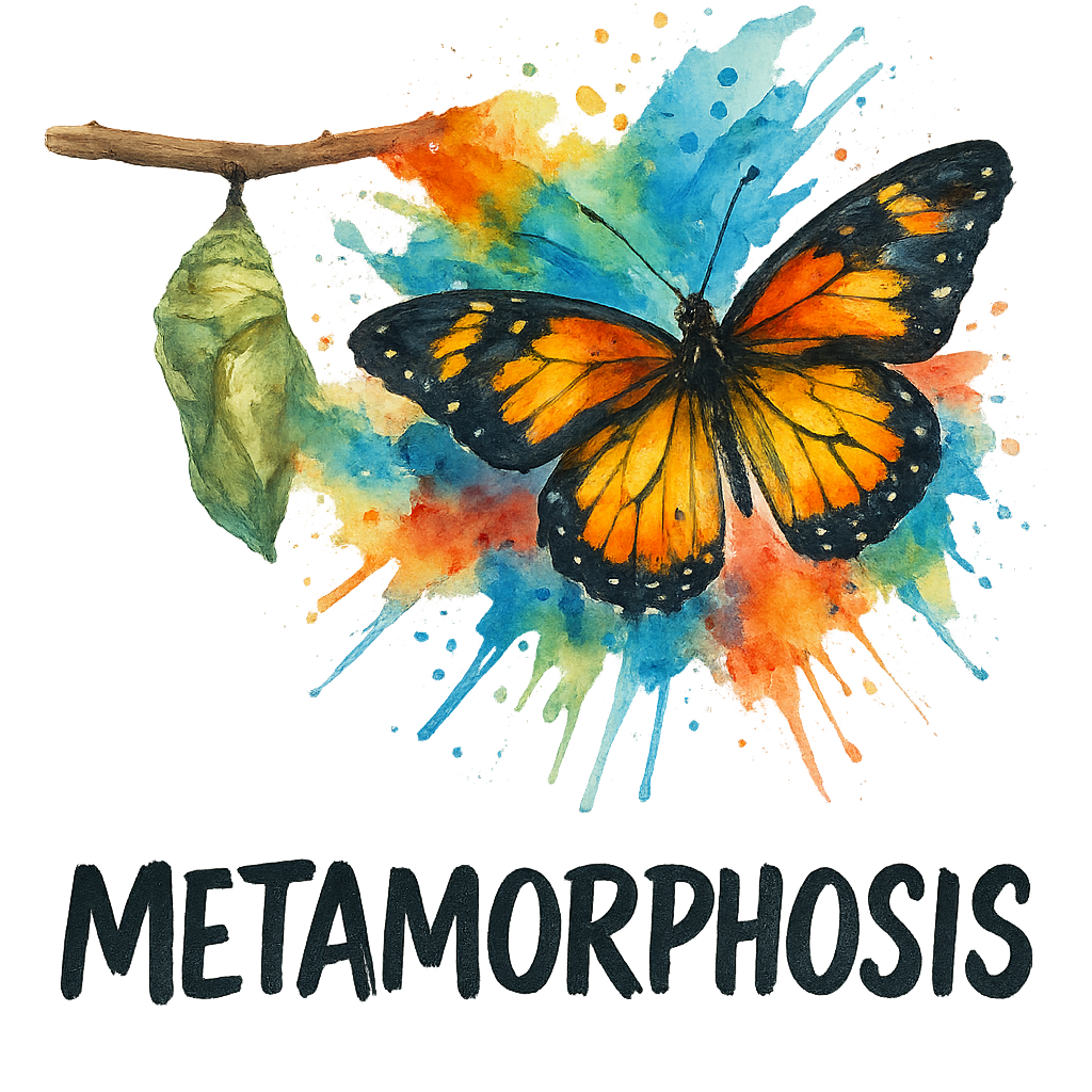 A butterfly transforming from a cocoon into vibrant watercolor splashes, artistic brush stroke effect, with the word “METAMORPHOSIS” in bold hand-drawn brush lettering, transparent background, high resolution, perfect for print on demand