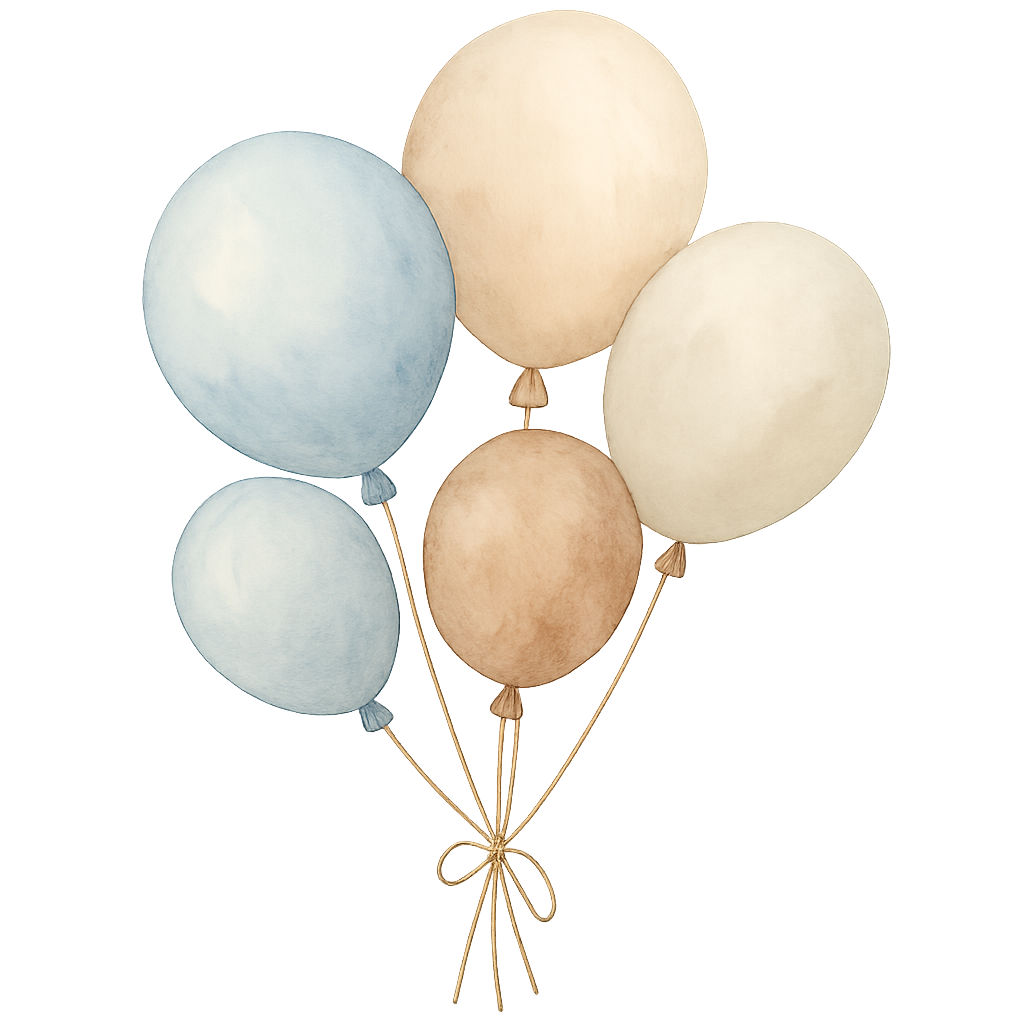 watercolor vintage baby shower balloons, soft pastel blue beige and brown colors, hand-painted style, gentle light and shadow, tied with thin beige string, cozy and cute composition, floating softly, transparent background, high quality illustration
