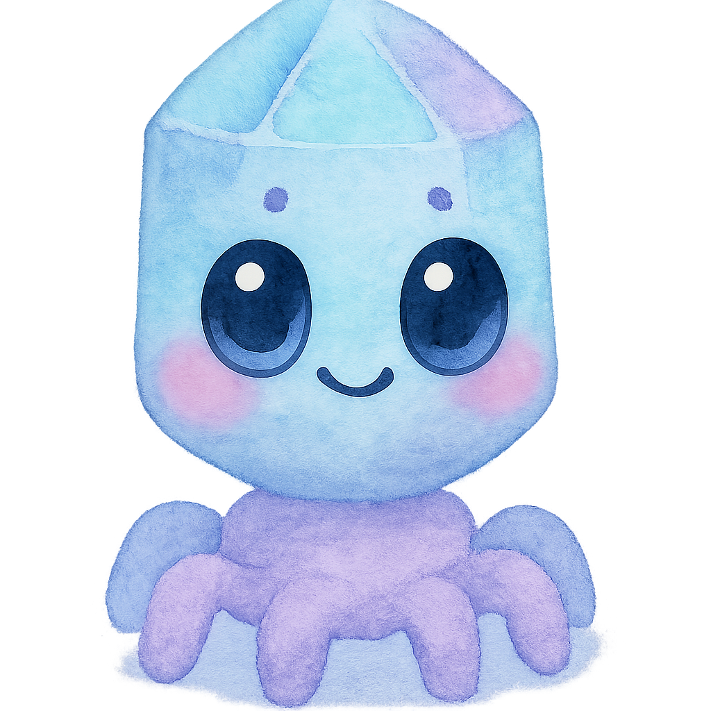 rich vibrant watercolor illustration, kawaii microbiology character, chubby bacteriophage with a rounded crystal-shaped head and short soft legs, soft pastel microbiology palette (main colors glacier blue and lilac with gentle periwinkle accent only, not full rainbow), large shiny oval eyes with deep black pupils and big pale blue + pale pink reflective highlights (non-white so they remain visible on transparent PNG), tiny dot eyebrows, small simple smiling mouth, rosy cheeks, soft diffuse watercolor edges, no text, no border, transparent background