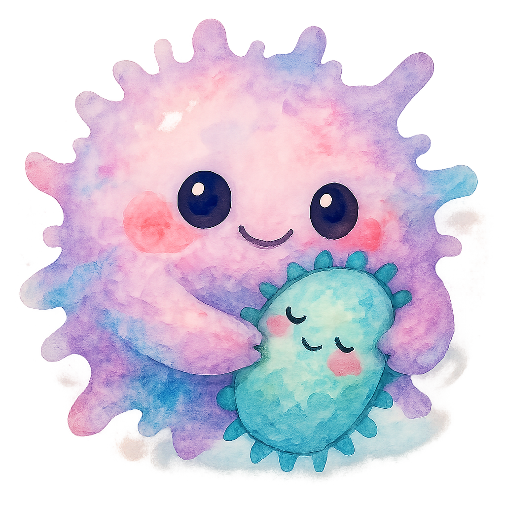 rich vibrant watercolor illustration, cute kawaii microbiology character, big fluffy macrophage nom-nom gently hugging a tiny pastel germ friend (wholesome, non-threatening), pastel lavender, mint, and cotton candy pink pigments, big shiny eyes, rosy cheeks, soft edges, no text, no border, transparent background