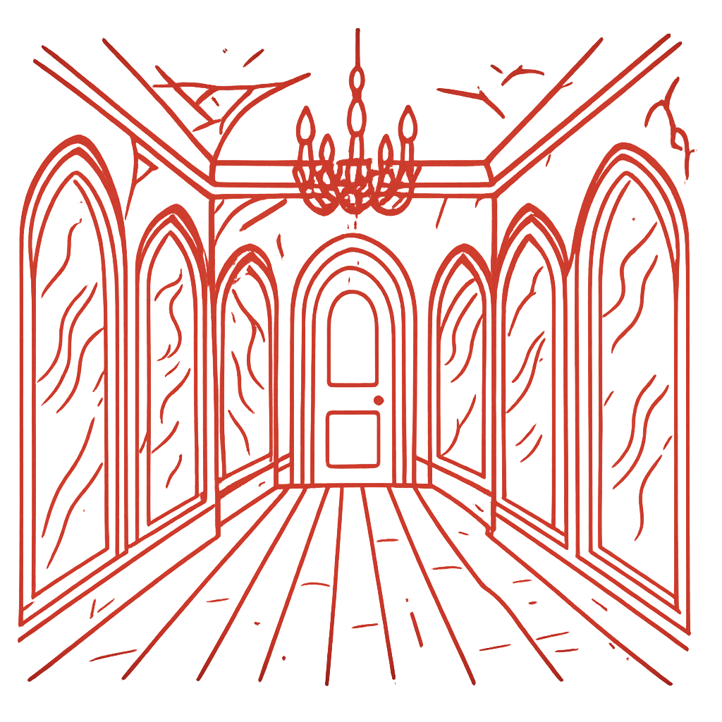 a red outline of a spooky room of mirrors, transparent background