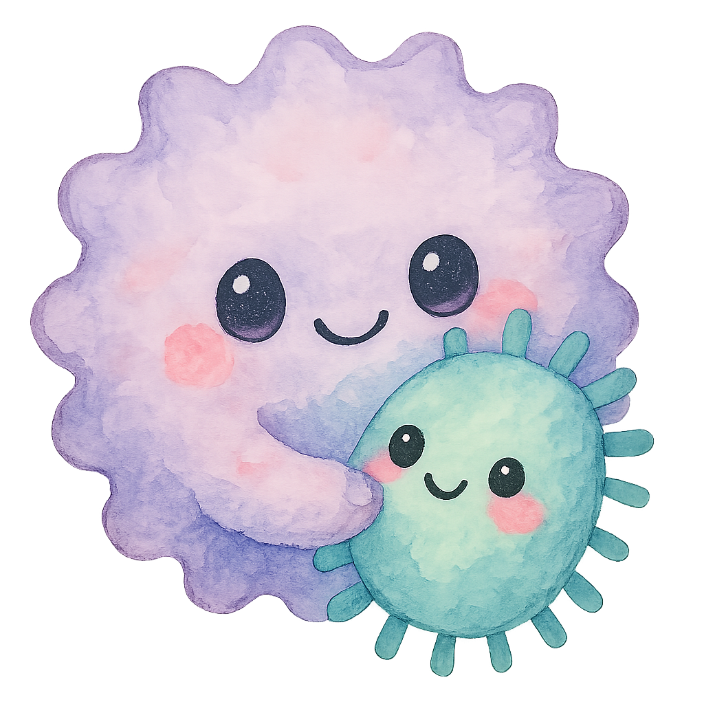 rich vibrant watercolor illustration, cute kawaii microbiology character, big fluffy macrophage nom-nom gently hugging a tiny pastel germ friend (wholesome, non-threatening), pastel lavender, mint, and cotton candy pink pigments, big shiny eyes, rosy cheeks, soft edges but clear ending to graphic with no shading or leaking color outside of edges, no text, no border, transparent background