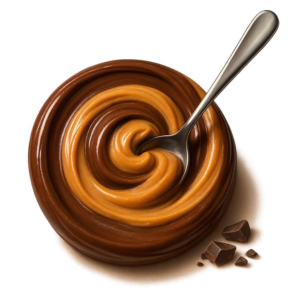 A realistic, appetizing swirl of chocolate peanut butter in rich cocoa-brown and warm nutty tones, with a shiny metallic spoon gently dipped into the swirl. The texture appears luscious ,smooth, velvety, and indulgent with natural glossy highlights. Add a few small, subtle chocolate pieces or shavings resting softly near the swirl to hint at real chocolate flavor — elegant, not messy. Soft, warm studio lighting for a cozy premium feel. Include a gentle shadow underneath to make the swirl and spoon look naturally grounded, as if resting on the label surface. No background, no bowl, no container — transparent PNG, centered composition, photorealistic detail, artisanal food photography style.