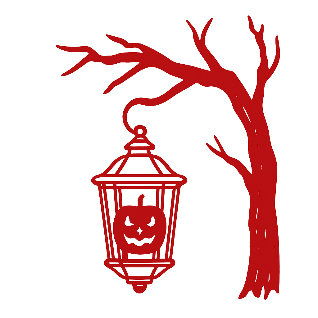 a red outline of a spooky halloween lantern hanging from a spooky looking branch from the side