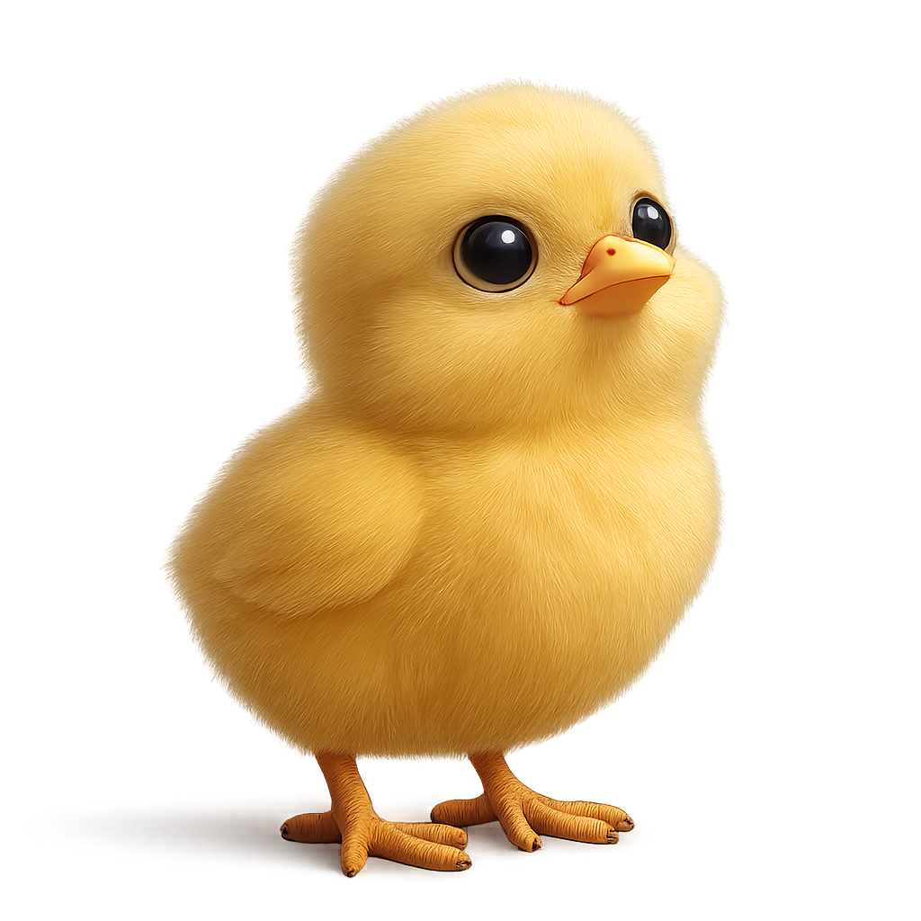 On a transparent background  Realistic and animated style A realistic and animated 3D chick  It's not moving, it's looking upwards  It's cute and three-dimensional