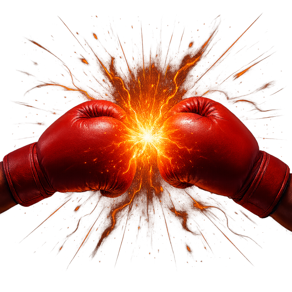 “realistic red boxing gloves punching together with intense energy explosion, shockwaves, glowing particles, fire sparks, and light trails radiating outward, high contrast lighting, transparent background, ultra-realistic reflections, dramatic cinematic look, hyper-detailed, colorful and dynamic composition inspired by TikTok fight effects”