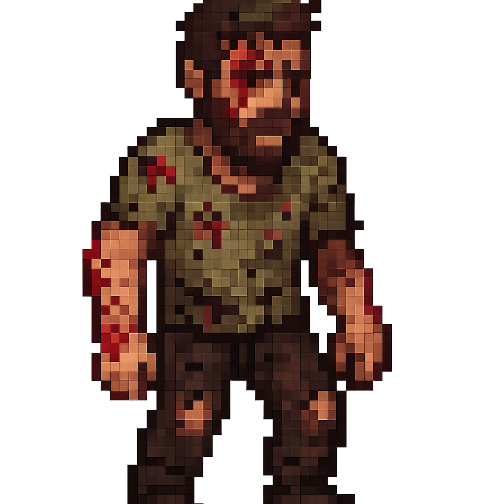 UNA PERSONA PIXELART Y QUE SE VEA QUE ALLA SOBREVIVIDO A ALGO Y ESTE MEDIO HERIDO Y LA ROPA ROTA EN PEQUEÑOS HUECOS