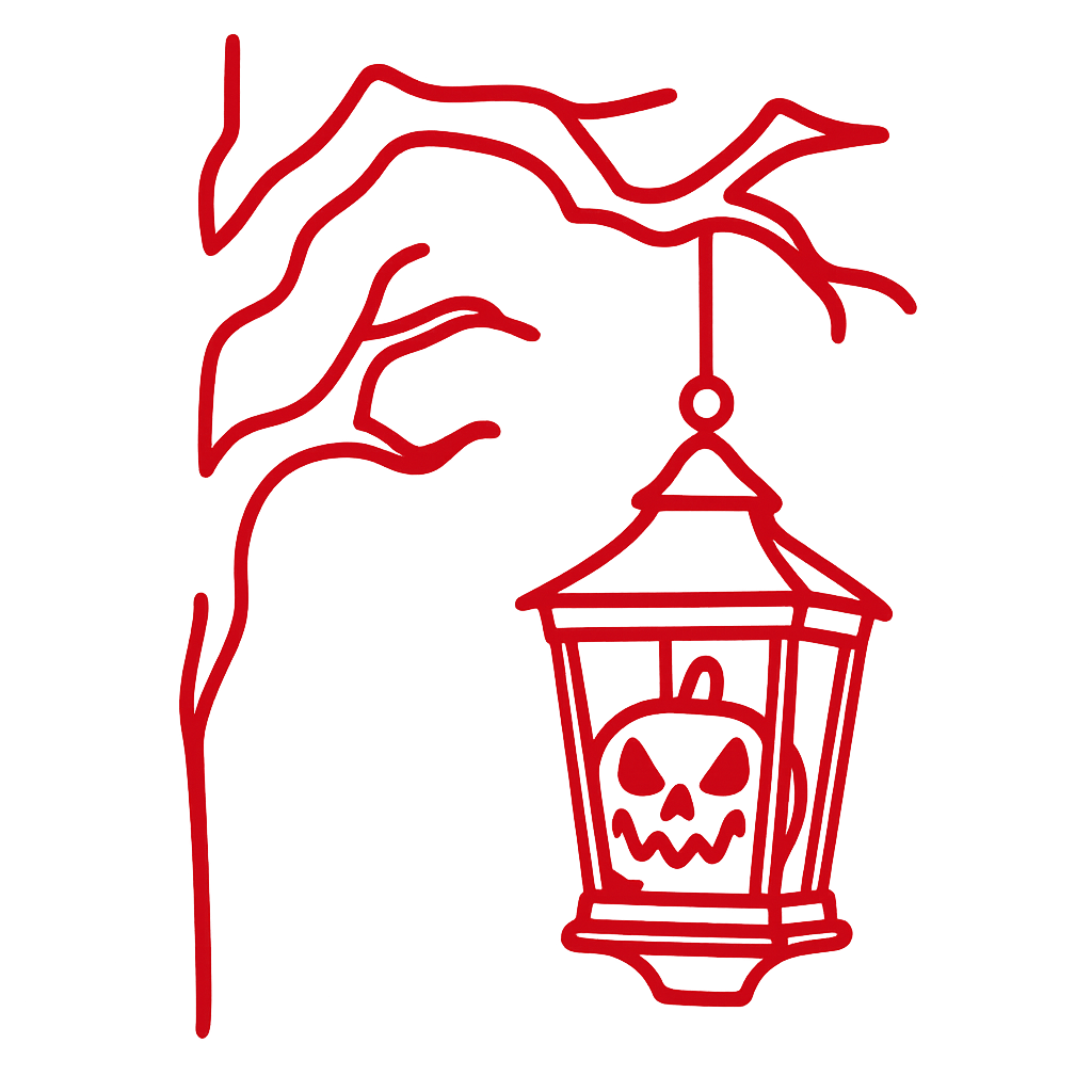 a red outline of a spooky halloween lantern hanging from a spooky looking branch from the side