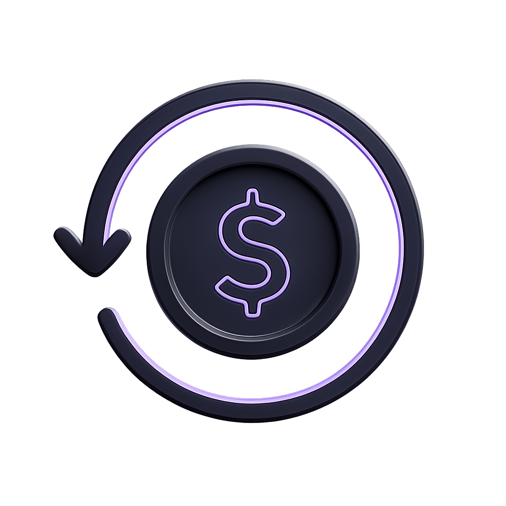 A premium, futuristic minimal icon representing money-back guarantee. Shows a circular arrow around a coin or currency symbol, suggesting refund or return. Neon purple accents, dark gray tones, subtle reflections, soft glow. Simple and clear shapes, no background, transparent backdrop, isolated icon design. Minimal composition with strong symbolic clarity, optimized for small-size use, consistent with futuristic marketing visuals.