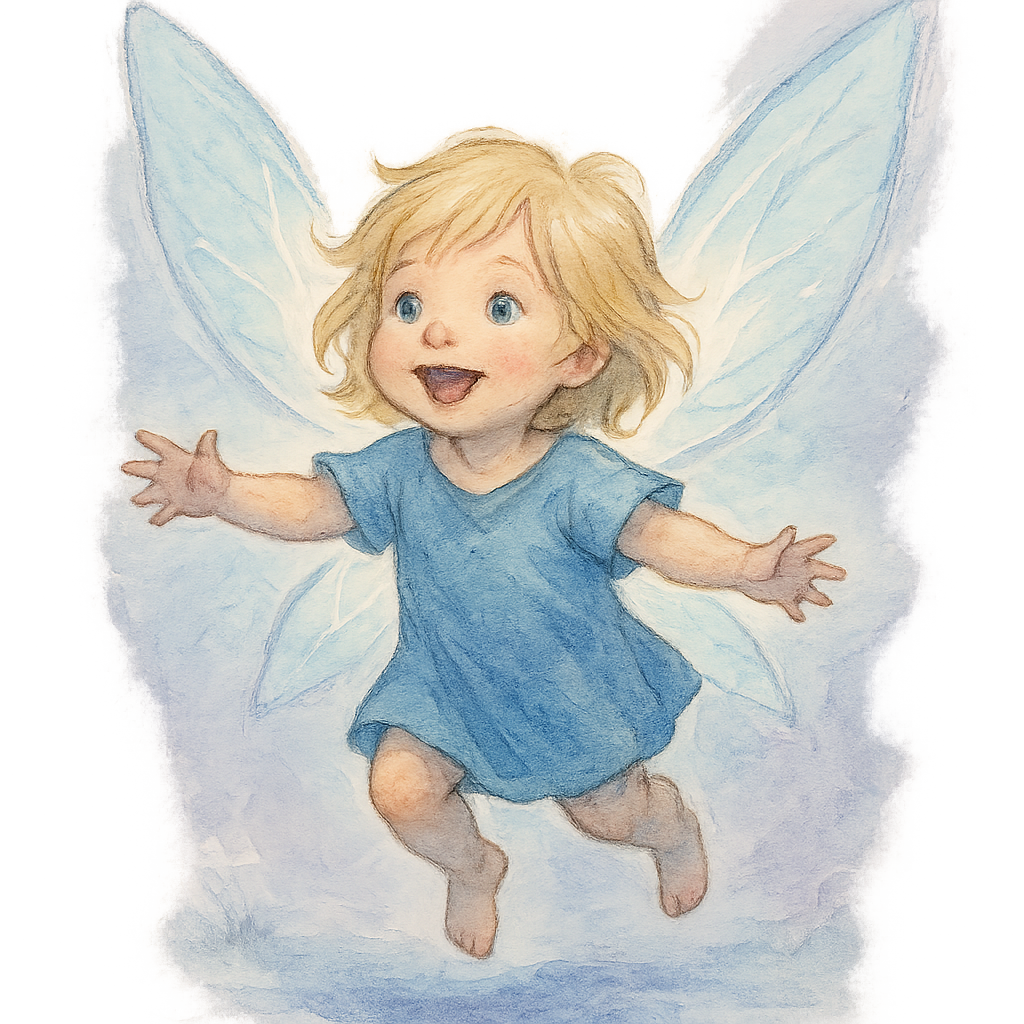 A 2-year-old child with medium-length blonde hair and blue eyes, wearing a simple flowing blue outfit, with large glowing transparent fairy wings inspired by the heroine from Child of Light. Flying over the ground with a gleeful expression. Illustrated in a dreamy watercolor style, soft brushstrokes, pastel blue and lavender tones, ethereal fantasy atmosphere, luminous backlight, delicate outlines, storybook art style, Ubisoft Montreal concept art style, transparent background.