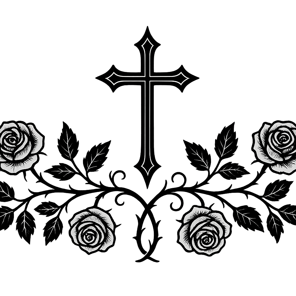 gothic cross and vein of roses page divider black ink wide