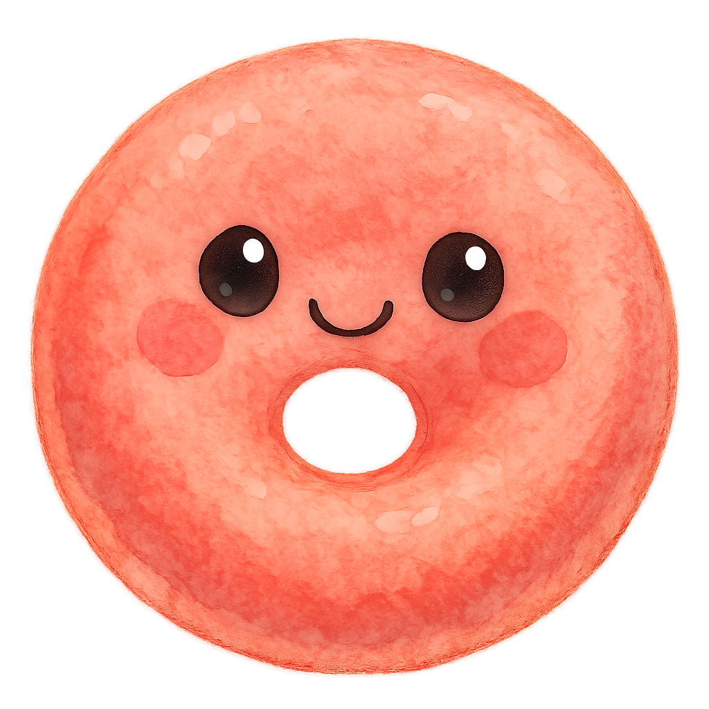 rich vibrant watercolor illustration, cute kawaii microbiology character, round donut-shaped red blood cell buddy with soft padded texture, pastel coral and peach pink pigments softly blended, big shiny eyes with white highlights, rosy cheeks, soft edges, no text, no border, no color overlapping graphic outline,transparent background