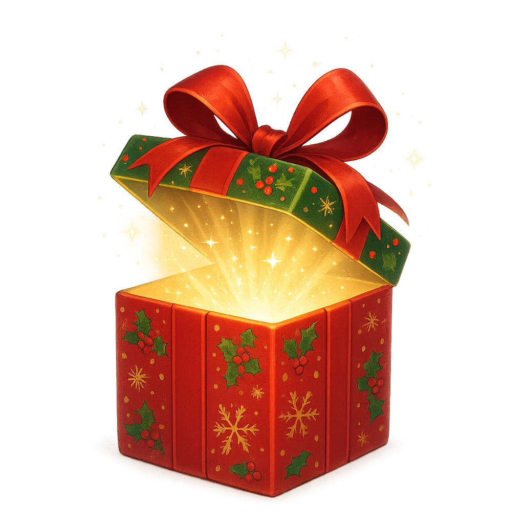 Create a detailed Christmas gift box that is opening with a bright, magical light shining out from inside. The box should have festive Christmas wrapping, ribbons, and sparkles of light glowing upward. No background (transparent or plain white). The style should be crisp, vibrant, and magical, with soft glowing effects around the open box.
