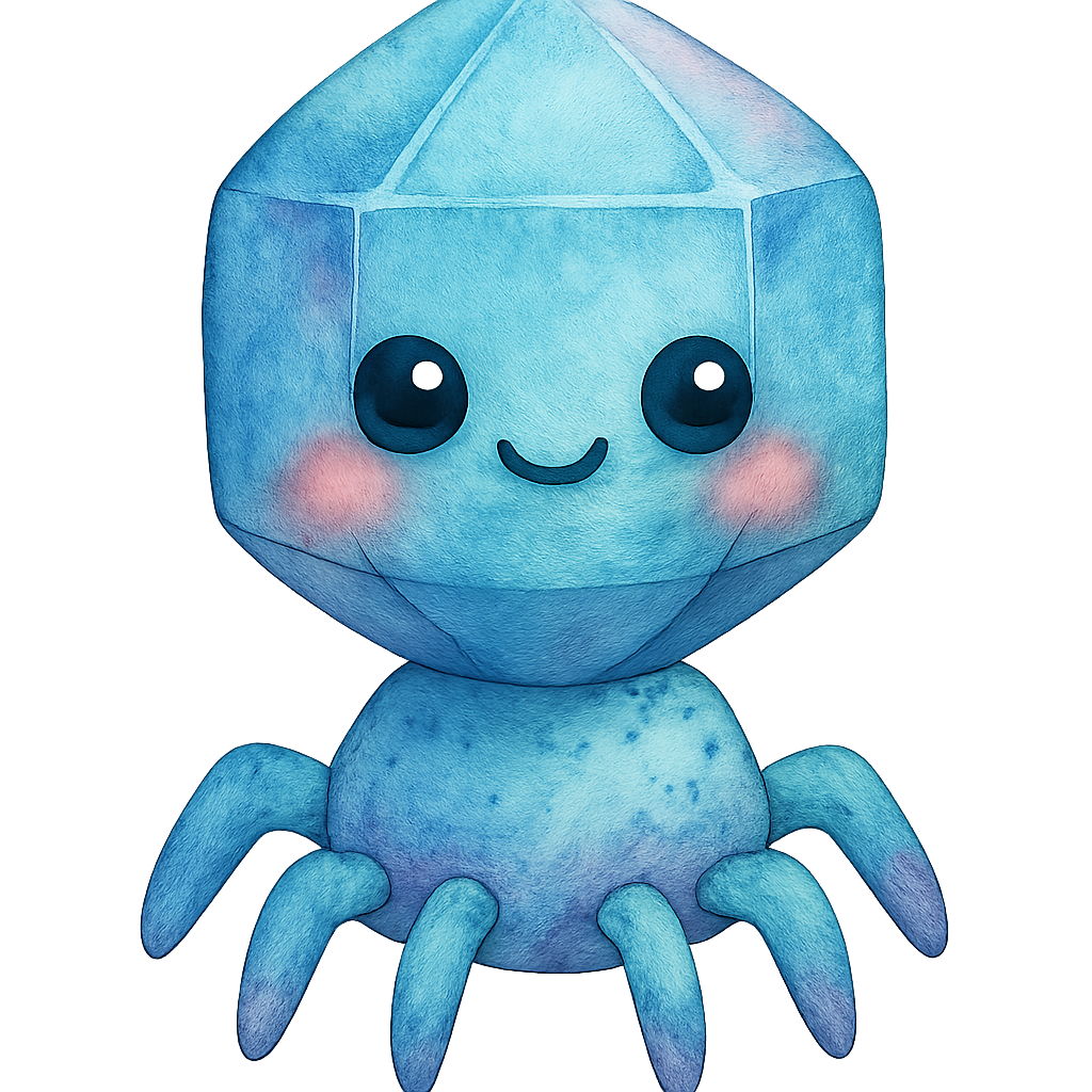 rich watercolor illustration, cute kawaii microbiology character, chubby bacteriophage with rounded crystal-like head and tiny legs, teal/violet blended pigments, shiny eyes, rosy cheeks, no text, no border, transparent background