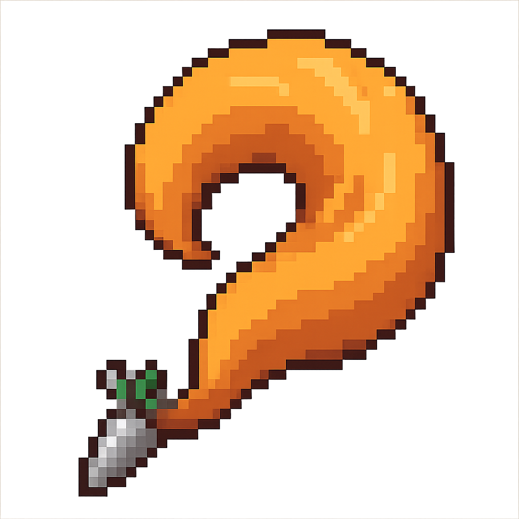 8bit pixel art style, small grey metal carrot positionned in the bottom left corner and a large fox tail sprouting from the top of the carrot, swirling and taking most of the picture space