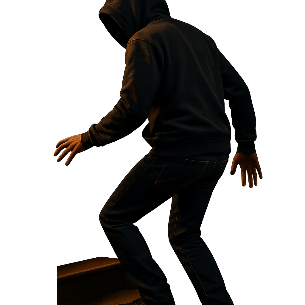 Full-body hooded intruder creeping up a staircase, three-quarter back/side view, face mostly hidden by hood, dark hoodie and dark jeans, non-reflective shoes, subtle motion blur on hands, photorealistic, low-key warm indoor lighting from top-left, soft shadows, high detail. Transparent background. PNG with alpha, portrait orientation."