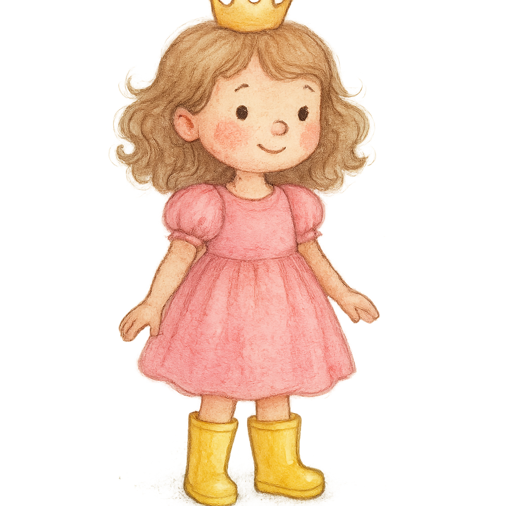 Whimsy pencil water color of a 5 year old princess wearing yellow rain boots and a pink dress. Transparent background