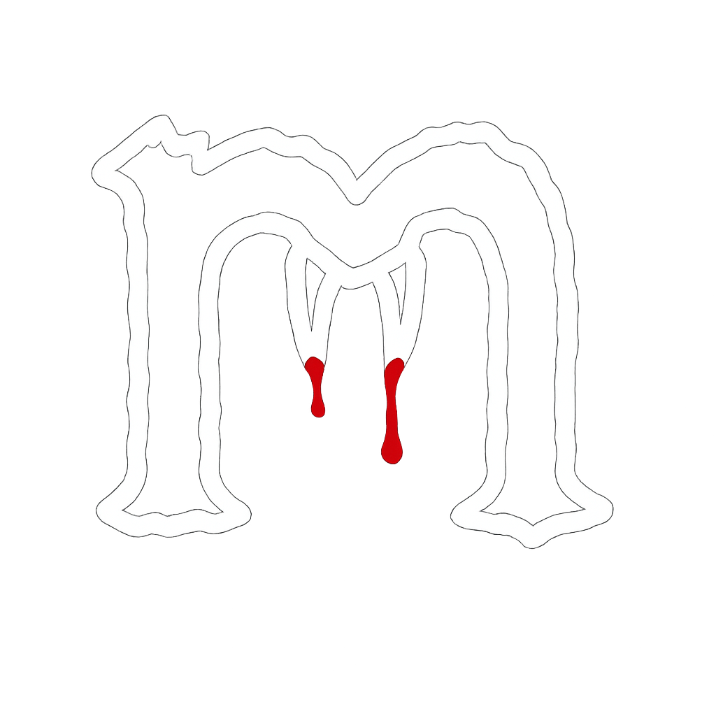 a white spooky outline of the lowercase letter m with bloody fangs