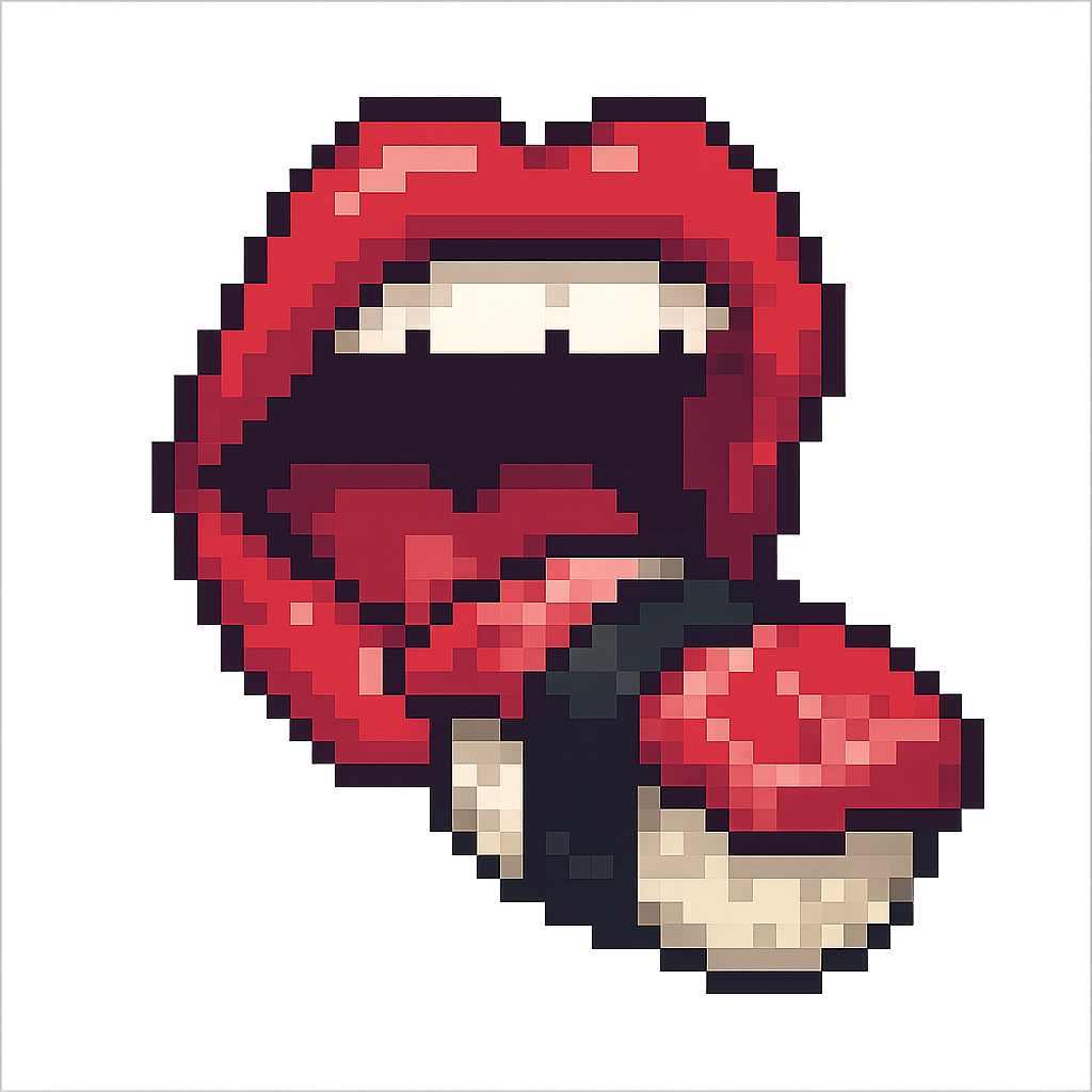 pixel art 8-bit style, a piece of tuna sushi positioned in front of a large open sexy mouth in the same pixel art style, ready to be bitten, transparent background, square icon format