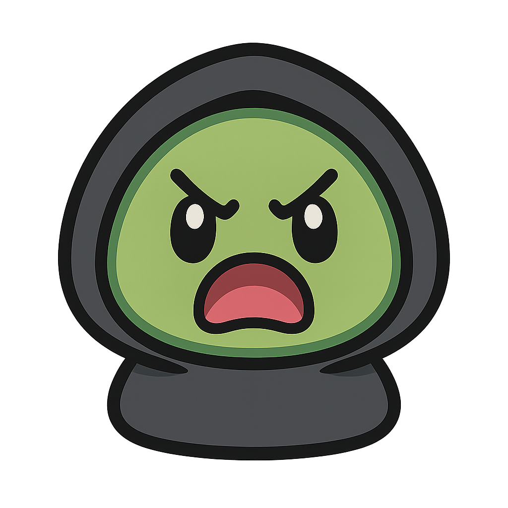 2D digital illustration of a Digimon-baby–inspired blob character, eyes frowning, mouth open, head-only, rounded green blob face, dark gray hoodie hood framing the head, no limbs, no torso, cute chibi monster style, simple shapes, thick clean outlines, flat colors with subtle shading, centered composition, transparent background, high resolution, sharp edges, no blur, clear silhouette, vector-like clarity, PNG-style asset, no background, alpha channel, transparent PNG