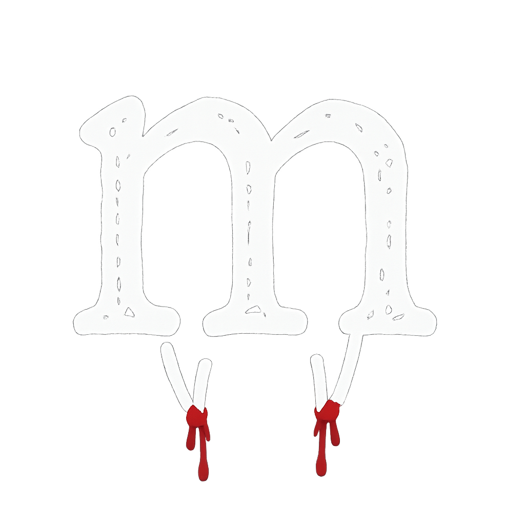 a white spooky outline of the lowercase letter m with bloody fangs