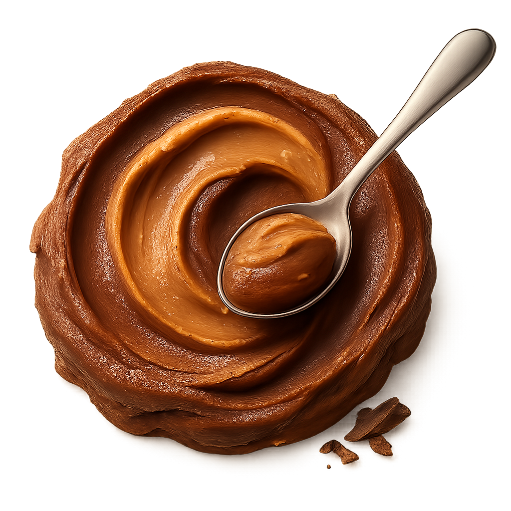A realistic, appetizing swirl of chocolate peanut butter in rich cocoa-brown and warm nutty tones. The swirl must look natural and hand-scooped — with soft uneven ridges, gentle peaks, and organic flowing curves (NOT a perfect circle). The peanut butter should look thick, creamy, and luscious with a velvety very smooth surface and natural glossy highlights, showing soft light reflections on the peaks and deeper shadows in the folds.   Place a shiny stainless-steel spoon **resting on the swirl**, not dipped in, with a small, elegant scoop of the chocolate peanut butter sitting on the spoon. Add a few small, subtle chocolate pieces or delicate chocolate shavings near the base — elegant and minimal. Soft warm studio lighting for a cozy premium feel. Include a soft natural shadow beneath to make the swirl and spoon appear resting on the label surface.  **Transparent PNG**, no background, no bowl, no table. Centered composition, photorealistic, artisan food photography style.  **Do NOT:** make the swirl perfectly circular, too smooth like frosting, or symmetrical.