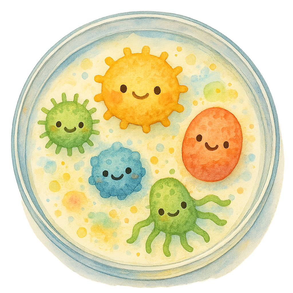 rich watercolor illustration, cute kawaii microbiology character, clear petri dish with tiny colorful smiling germs inside, soft blended pigments, friendly expressions, no text, no border, transparent background