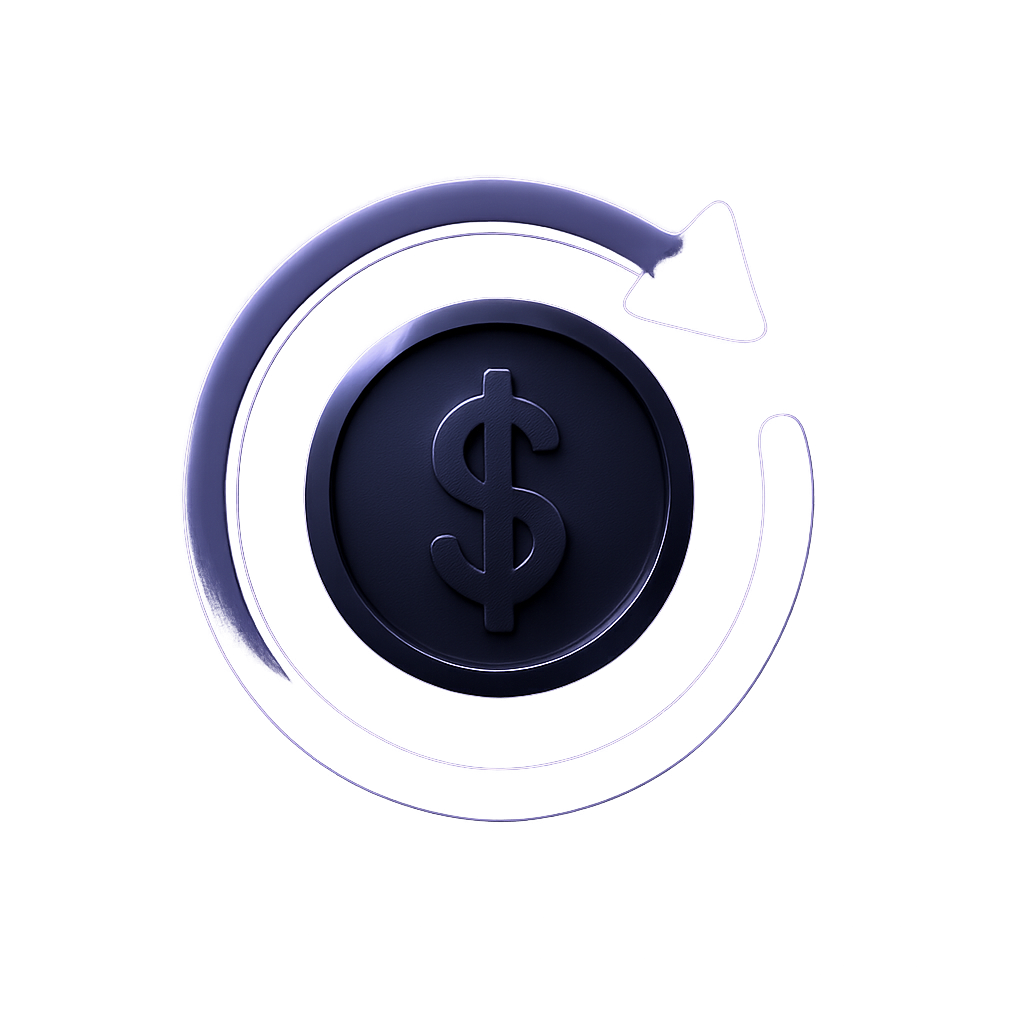 A premium, futuristic minimal icon representing money-back guarantee. Shows a circular arrow around a coin or currency symbol, suggesting refund or return. Neon purple accents, dark gray tones, subtle reflections, soft glow. Simple and clear shapes, no background, transparent backdrop, isolated icon design. Minimal composition with strong symbolic clarity, optimized for small-size use, consistent with futuristic marketing visuals.