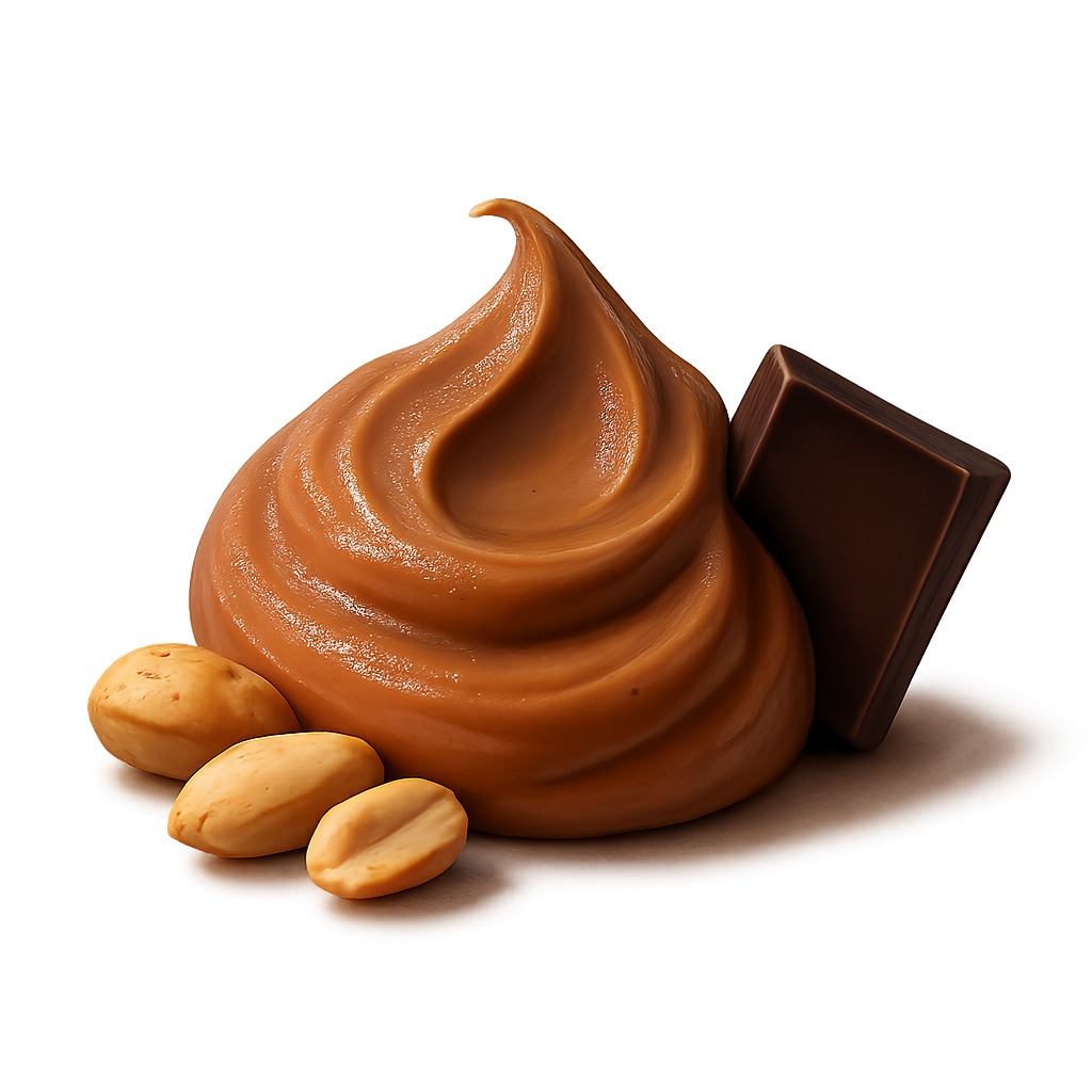 A realistic, appetizing composition featuring a small, natural dollop of chocolate peanut butter in rich cocoa-brown and warm nutty tones — smooth, creamy, and gently glossy with soft highlights. Resting beside it are a few roasted peanuts with warm toasted color and natural texture, and one elegant dark chocolate square leaning slightly against the dollop. The arrangement should look simple, premium, and balanced, not cluttered.The lighting is soft, warm studio lighting to enhance richness and give a cozy, premium artisanal feel. Include a subtle soft shadow underneath the elements so they appear naturally grounded, as if resting on the label surface.No background. No plate. No container. Transparent PNG. Centered composition. Photorealistic. Smooth, indulgent, premium peanut butter brand style.