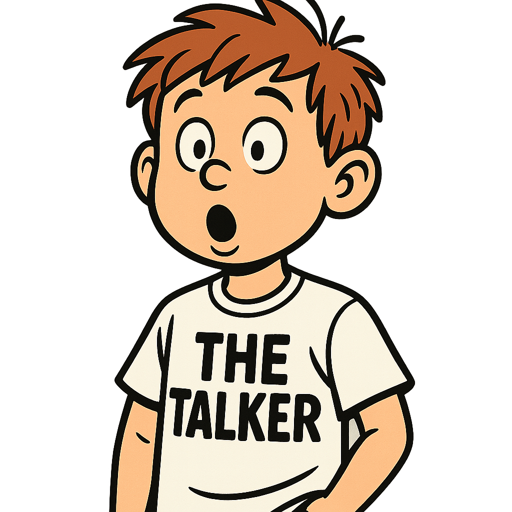 10-year-old cartoon boy, O-shaped talking mouth, wearing white T-shirt with bold black letters 'THE TALKER', friendly expression, comic style