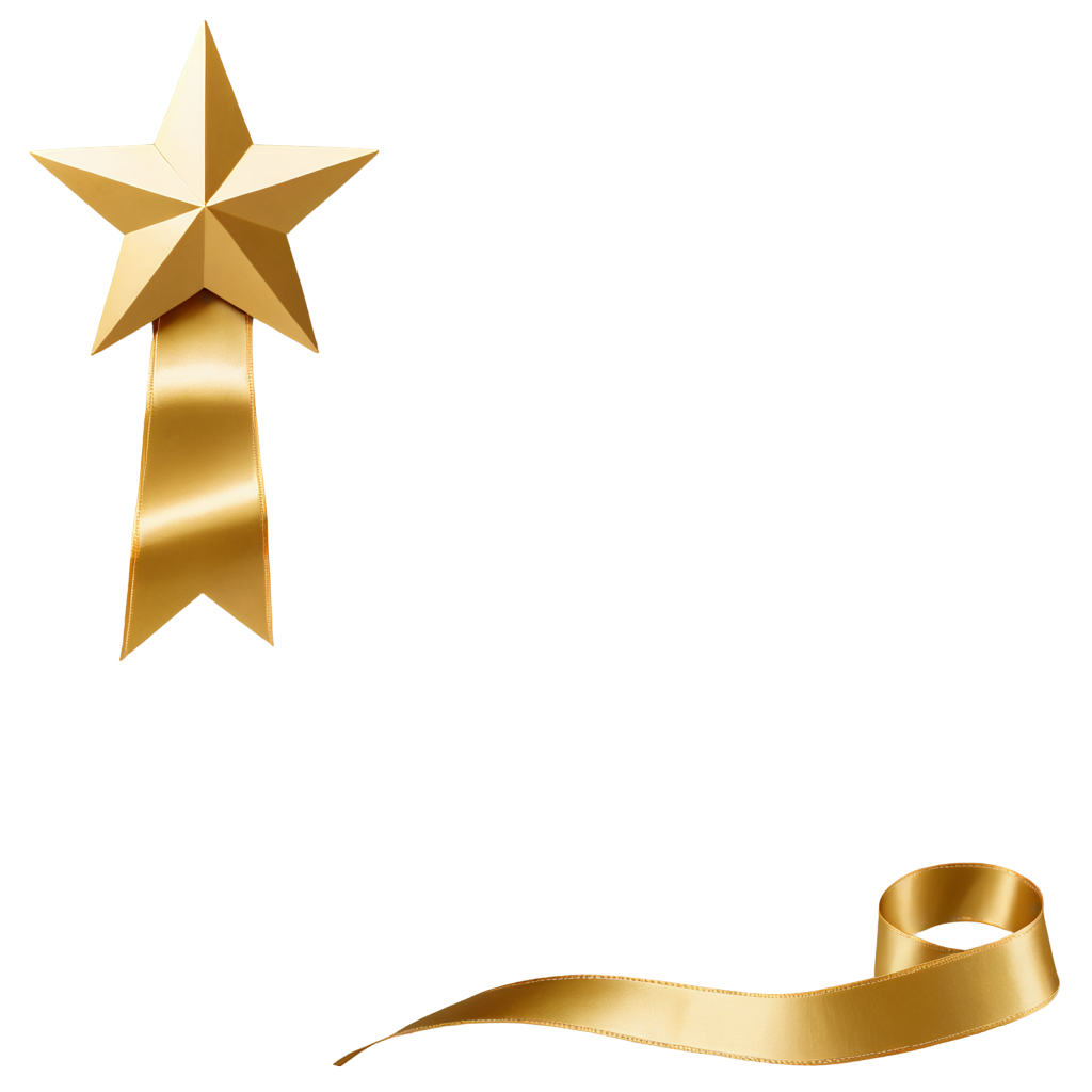 generate an image golden beautiful star left and right ribbon, image width 600px height 200px