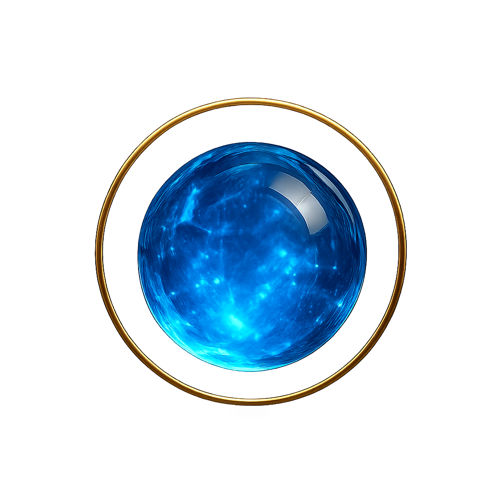 Small glowing crystal orb with golden halo, ultra-luxury, photorealistic, sapphire neon glow, centered, transparent background