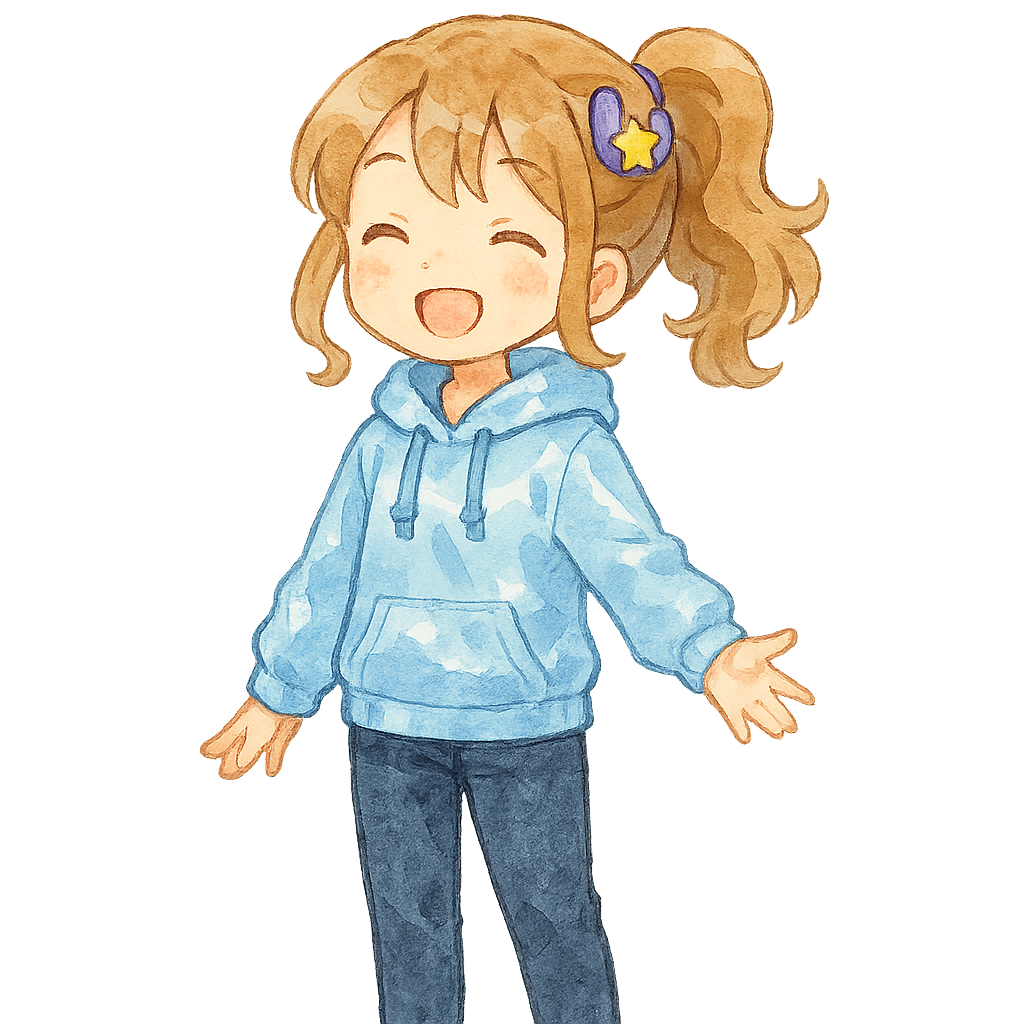 > a watercolor illustration of a cheerful young girl with wavy ponytail hair, wearing a light blue shiny hoodie and dark pants, violet U-shaped hair clip with a golden star. anime-style soft watercolor look. white transparent background, no scenery, full body, 16:9 composition