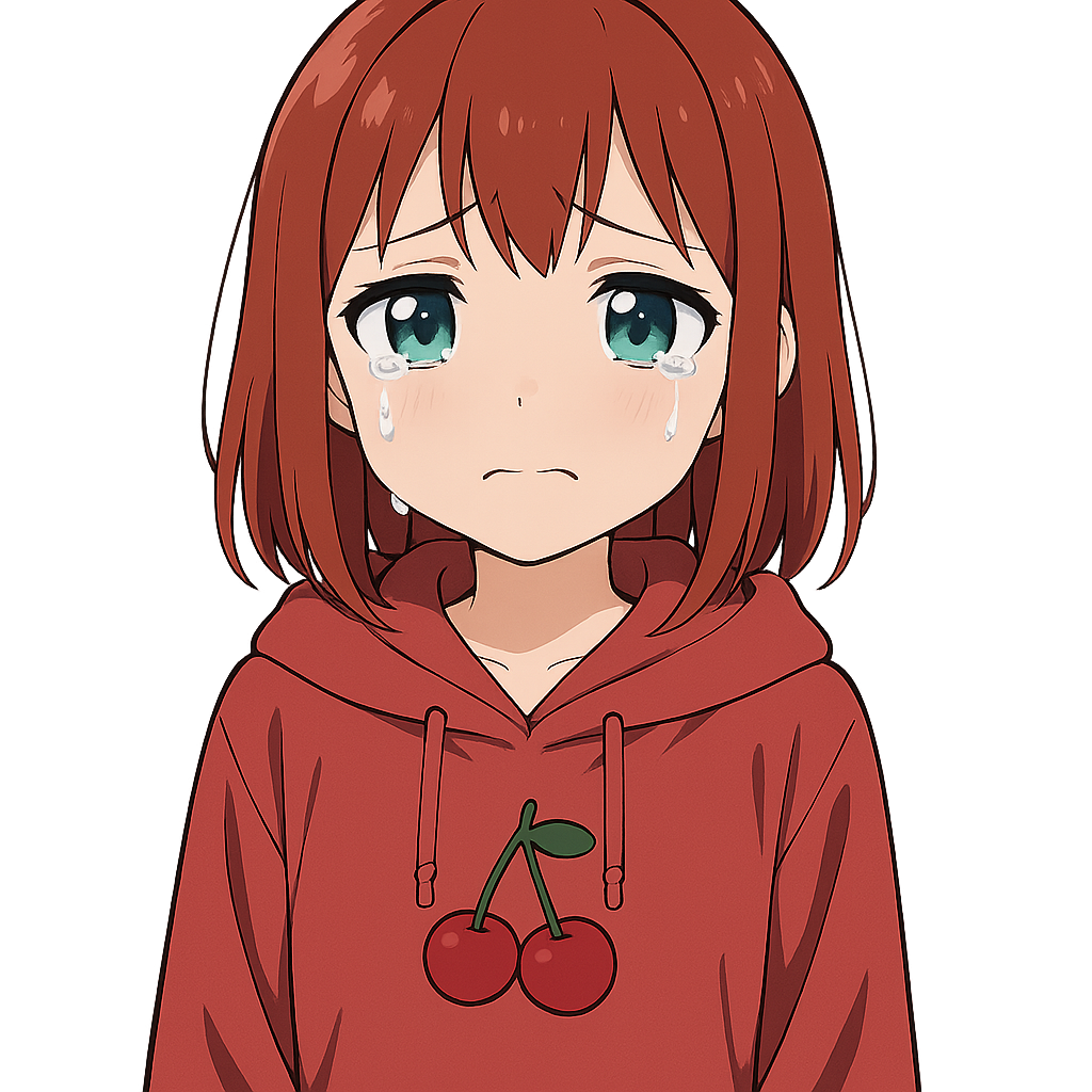 a 2D digital anime-style illustration of a young Japanese girl with medium-length straight red hair, greenish-blue eyes, wearing a red hoodie with a cherry symbol in the center, neutral lighting, clean line art, proportional head and body, cute expression, high detail, soft shadows, vibrant colors, transparent background teary eyes, sad expression