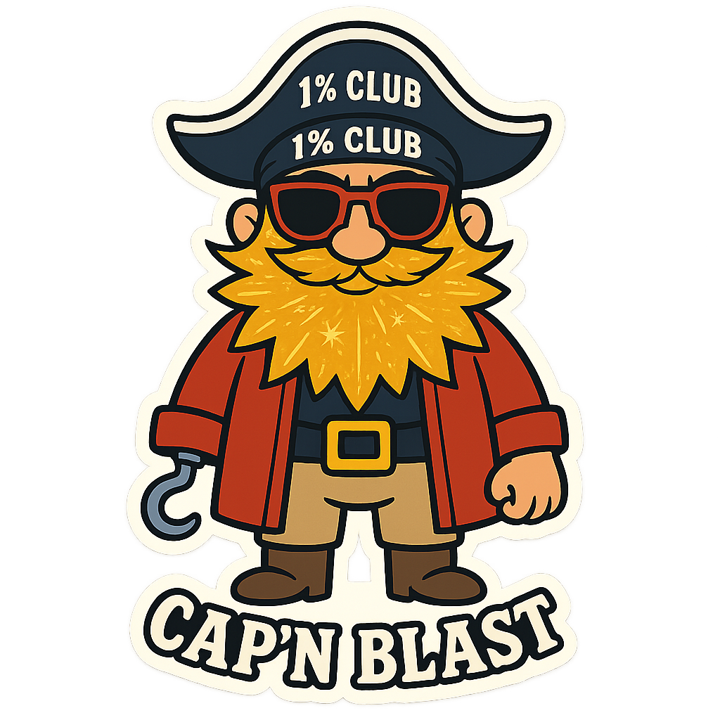 A cartoon pirate named 'Cap'n Blast' with a golden explosion-shaped beard featuring detailed sparks, wearing red aviator sunglasses and a '1% Club' bandana. The character is in a 2D flat style with thick outlines and vibrant colors. The pose is full-body, with a symmetrical face. The background is transparent, and there are no shadows. The image should be in a sticker PNG format, inspired by Disney/Pixar animation styles.