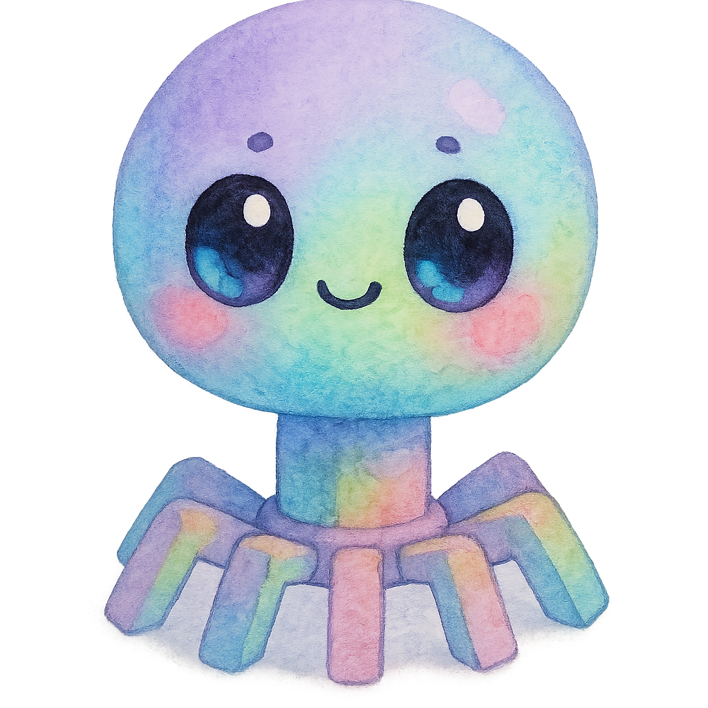 rich vibrant watercolor illustration, kawaii microbiology character, chubby pastel rainbow bacteriophage with round soft head and stubby geometric legs, gentle blending lavender sky blue mint green and bubblegum pink, large shiny oval eyes, deep black pupils, with big pale blue and pale pink reflective highlights (not white so they remain visible on transparency), tiny dot eyebrows, small simple smile, rosy cheeks, soft diffuse edges, no text, no border, transparent background