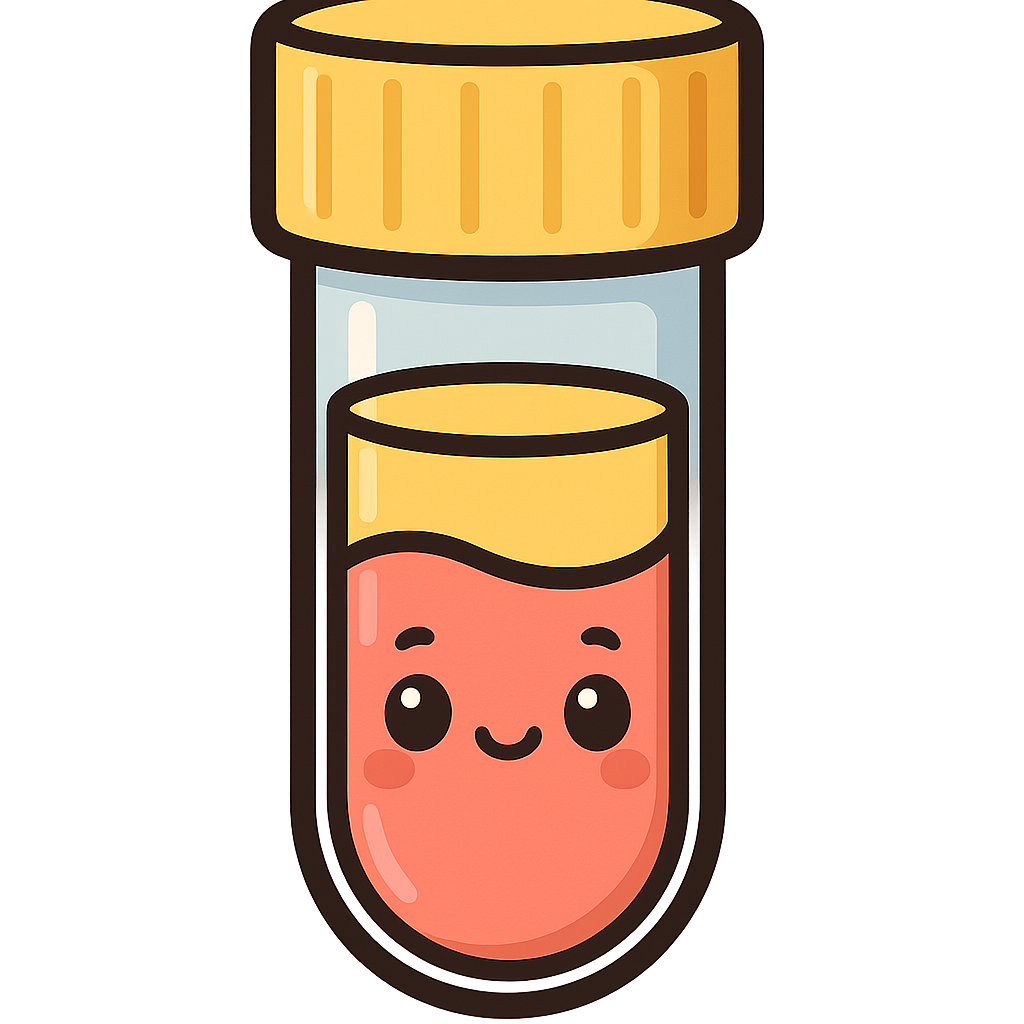 create a kawaii style SST blood test tube cartoon character with a yellow cap and visible serum seperator gel layer, cute kid friendly aesthetic, thick smooth outline, bold pastel color palette, smiling adorable expression, vector style art, soft shading, professional print illustration. extremely sharp edges. maximum resolution pnggen is capable of.