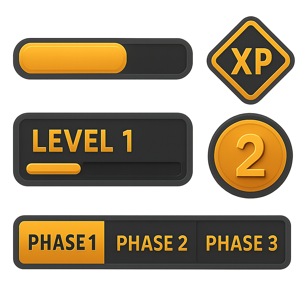 game elements to decorate design like leveling bars, xp, phases and level icons