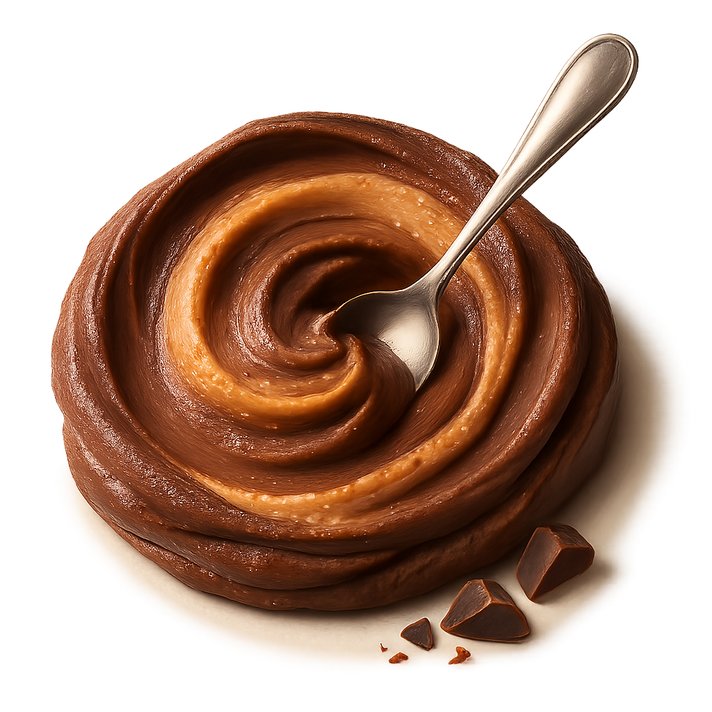A realistic, appetizing swirl of chocolate peanut butter in rich cocoa-brown and warm nutty tones. The swirl should look natural and hand-scooped — with soft uneven ridges, gentle peaks, and organic curves (not a perfect circle). The texture appears smooth, velvety, and glossy with natural highlights. A shiny metallic spoon rests gently in the swirl as if just used. Add a few small chocolate pieces or delicate chocolate shavings near the base — elegant, minimal, not scattered. Soft warm studio lighting for a cozy premium feel. Include a subtle soft shadow underneath to make the swirl and spoon look naturally grounded on the label surface. **Transparent PNG**, no background, no bowl, no table. Centered composition, photorealistic, premium artisan food photography style.  **Do NOT:** make the swirl perfectly circular or symmetrical.