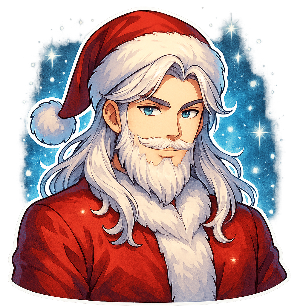Handsome anime Santa Claus, upper body shot, full Santa hat visible, shoulders included, elegant face, bright expressive anime eyes, long silky white hair, well-groomed fluffy beard, luxurious red coat, confident side smirk smile, sparkling snow falling around, glowing winter background, vibrant colors, high-resolution 3000x3000 px, sticker-friendly, transparent background Filename: SantaAnime_SnowSparkles.png
