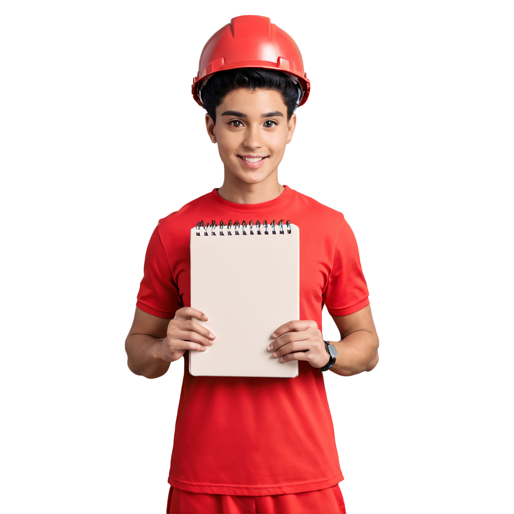 a lred character  holding a notebook