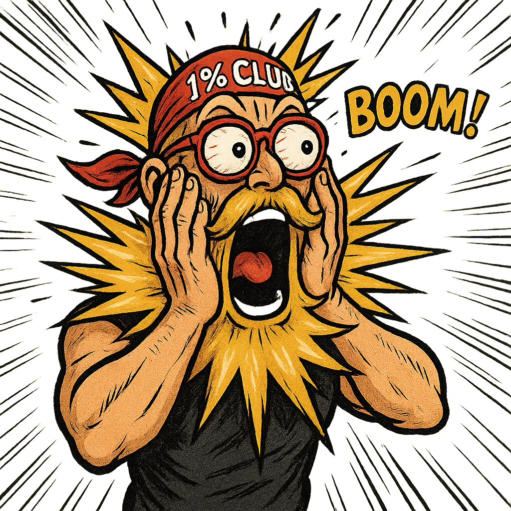 Same character as base prompt (golden explosion beard, red sunglasses, '1% Club' red bandana), now screaming in shock with eyes popped out, hands on cheeks, golden beard standing on end, small 'BOOM!' text effect near head (transparent), comic-style speed lines, transparent PNG.