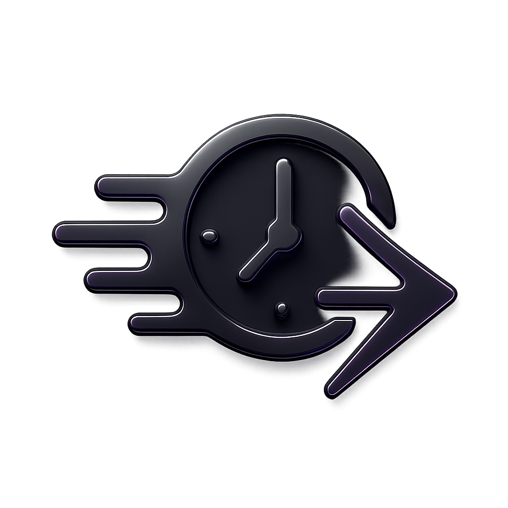 A premium, futuristic minimal icon symbolizing speed and efficiency. Features a stylized arrow or motion lines and a clock conveying fast movement. Simple geometric composition with smooth curved shapes, neon purple accents, dark gray tones, subtle glow and reflections. No text, no background, transparent backdrop, isolated vector-like design for website use. Clean, easy-to-read, minimal details for small-size visibility, consistent with futuristic marketing visuals.