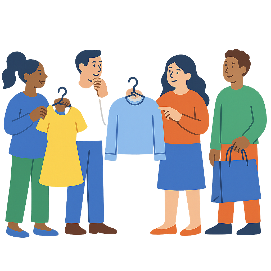 reference google.com website style illustration style with a clean, transparent background and characters in different poses. Based on  my request for a similar illustration where characters are looking at clothes they want to buy,