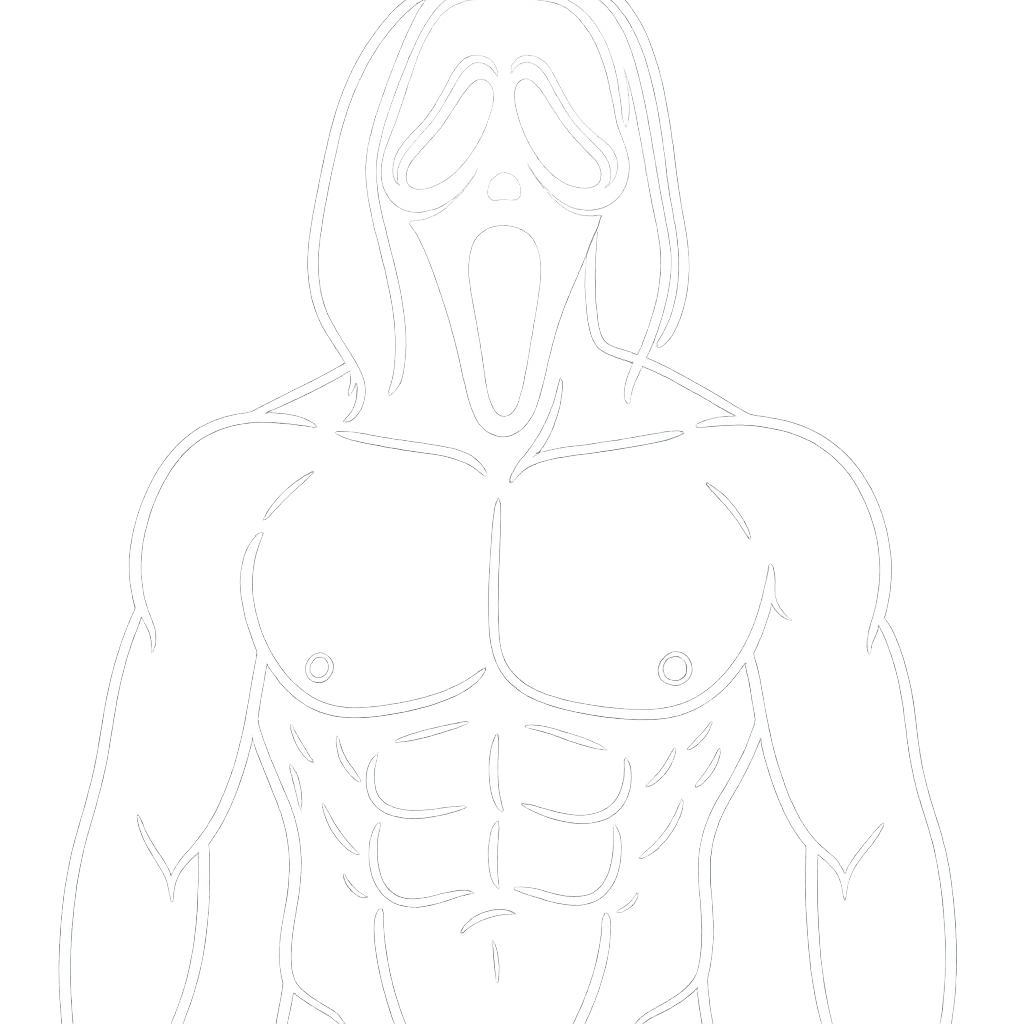 A white outline of Ghostface from the Scream movie, with no black robe, with man's bare chest and visible abs, transparent background