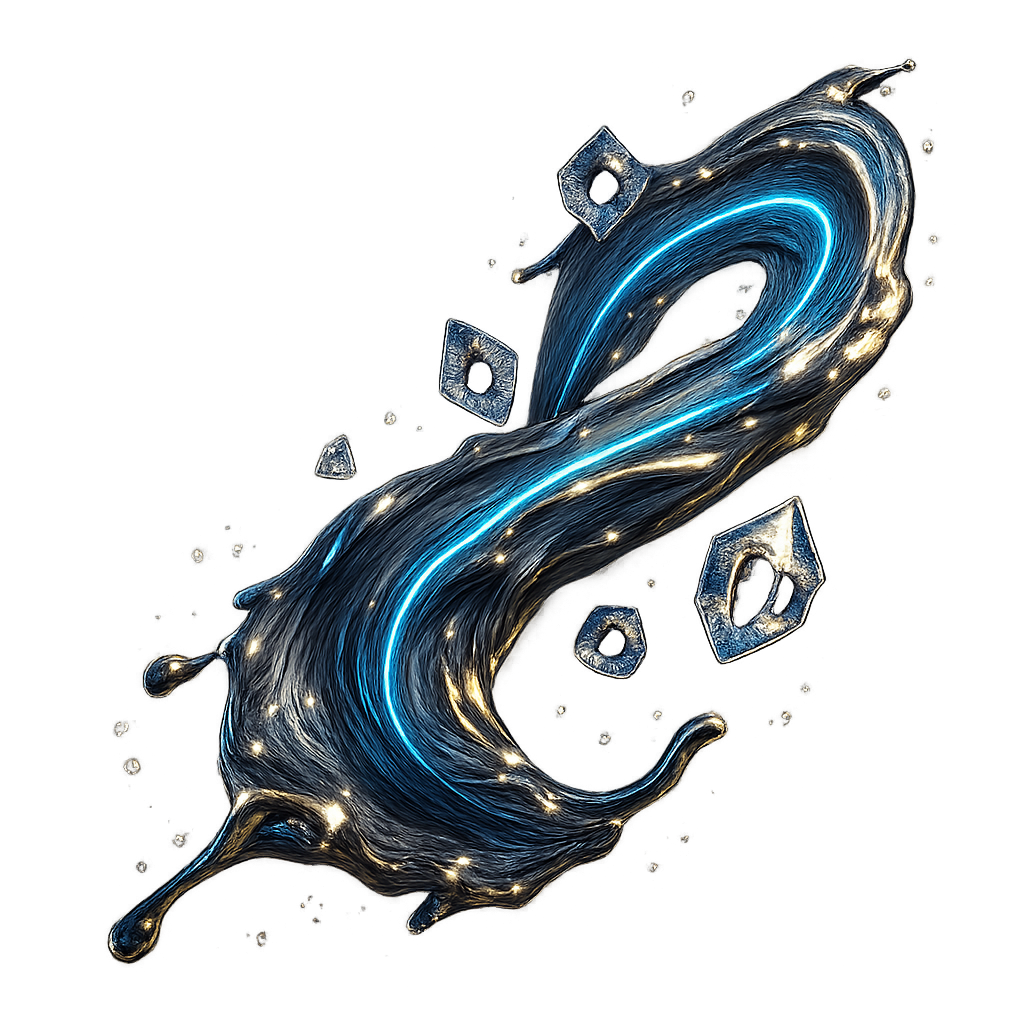 Flowing liquid-metal stream with suspended crystal particles, sapphire neon light trails, gold reflective accents, dynamic motion, ultra-luxury futuristic style, centered