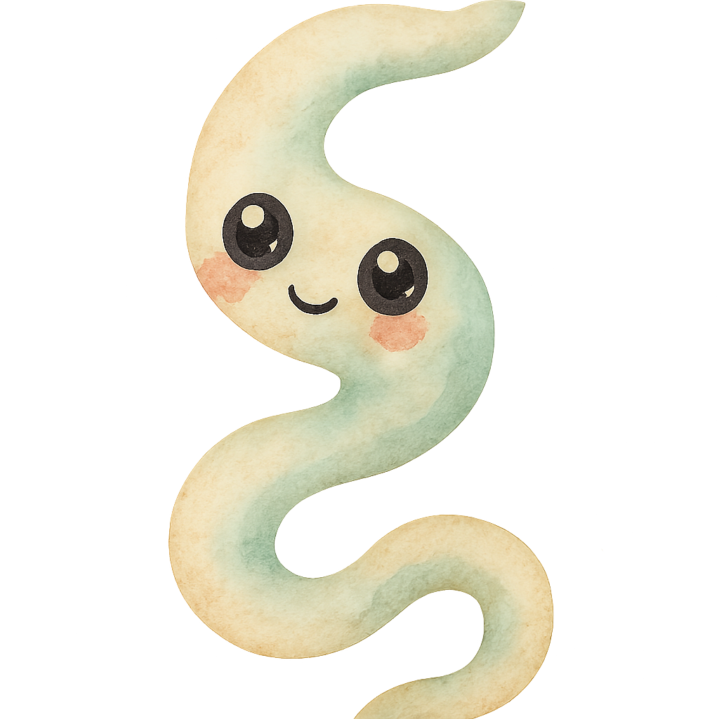 rich watercolor illustration, cute kawaii microbiology character, spirochete cutie, long spiral corkscrew-shaped microbe with smooth winding curves, soft beige and mint green watercolor pigments blending together, big shiny eyes with white highlights, rosy cheeks, gentle shading, watercolor paper texture, soft edges, no text, no border, transparent background