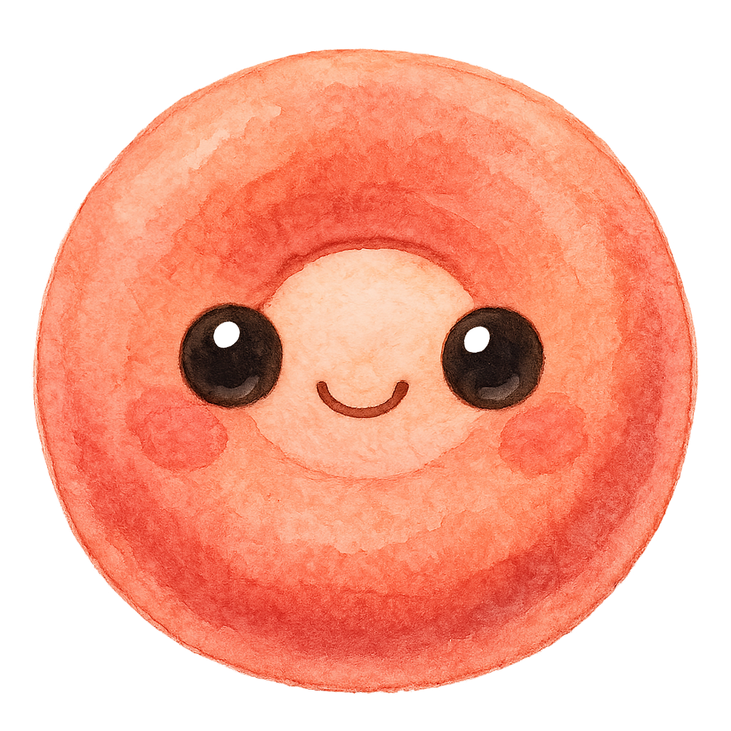 rich vibrant watercolor illustration, cute kawaii microbiology character, round donut-shaped red blood cell buddy with soft padded texture, pastel coral and peach pink pigments softly blended, big shiny eyes, rosy cheeks, soft edges, no text, no border, no color overlapping graphic outline,transparent background