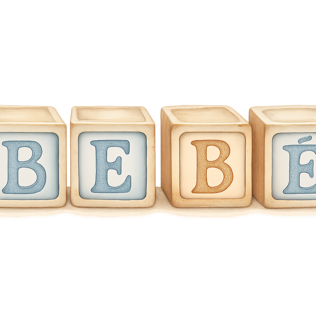 watercolor vintage wooden toy blocks spelling BEBÉ, four blocks aligned, light wood texture, pastel blue beige and brown colors, soft shadows, warm cozy baby shower style, transparent background, elegant and cute, high quality