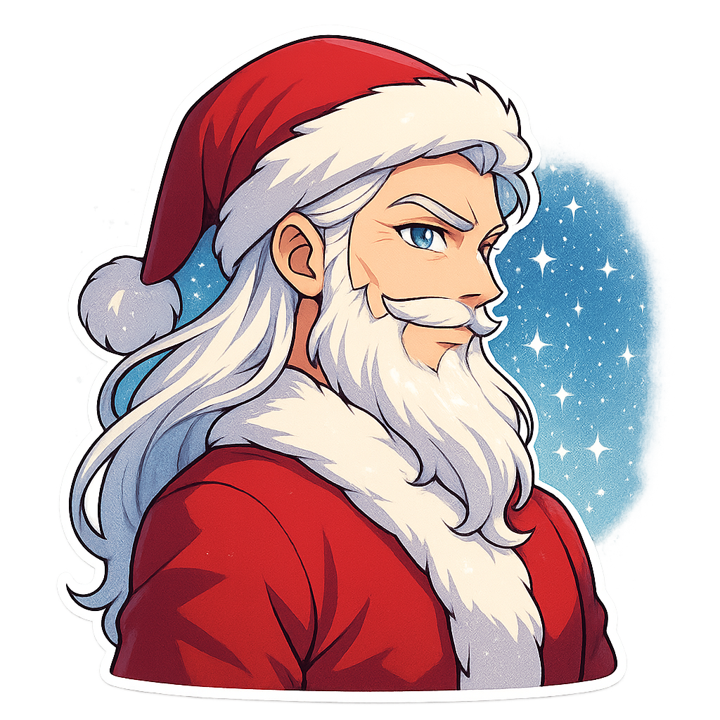 Handsome anime Santa Claus, upper body shot, full Santa hat visible, facing right, elegant face with sharp jawline, expressive bright anime eyes, long silky white hair, fluffy beard, luxurious red coat, confident side smirk smile, snowy sparkling background, vibrant colors, clean lineart, high-resolution 3000x3000 px, sticker-friendly, transparent background Filename: SantaAnime_SideRight.png